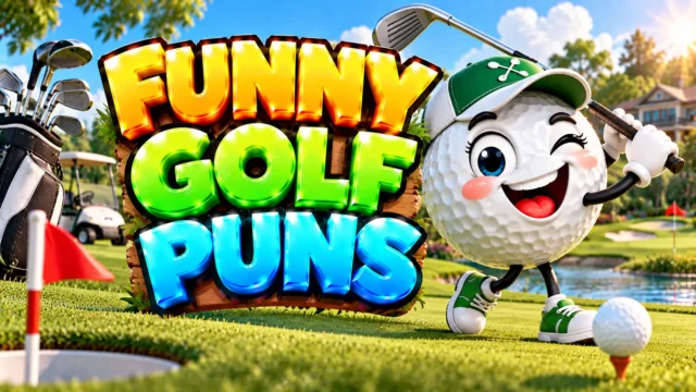 Funny Golf Puns thumbnail with glossy 3D lettering, golf ball mascot, clubs, green course, and water