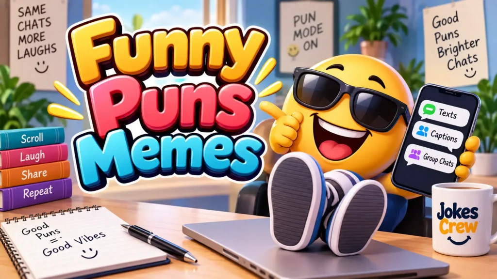 Funny Puns Memes with a cheerful emoji mascot holding a phone for texts, captions and group chats