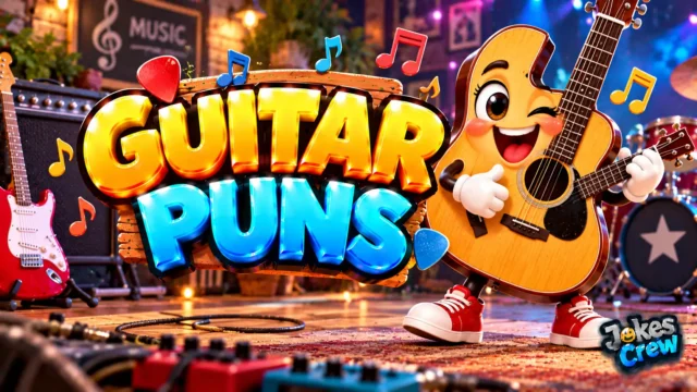 Guitar Puns thumbnail with glossy 3D lettering, smiling guitar mascot, musical notes, amps, and stage lights