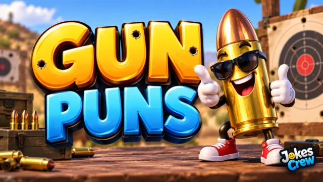 Gun Puns thumbnail with bold 3D lettering, a fun bullet mascot, and target backdrop