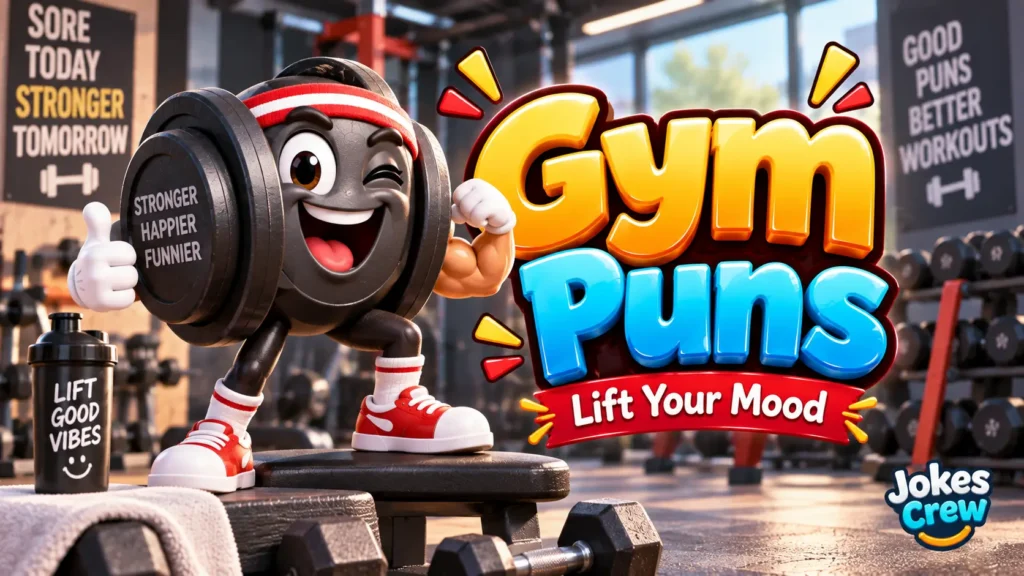 Gym Puns featured image with a cheerful dumbbell mascot and bold glossy 3D lettering