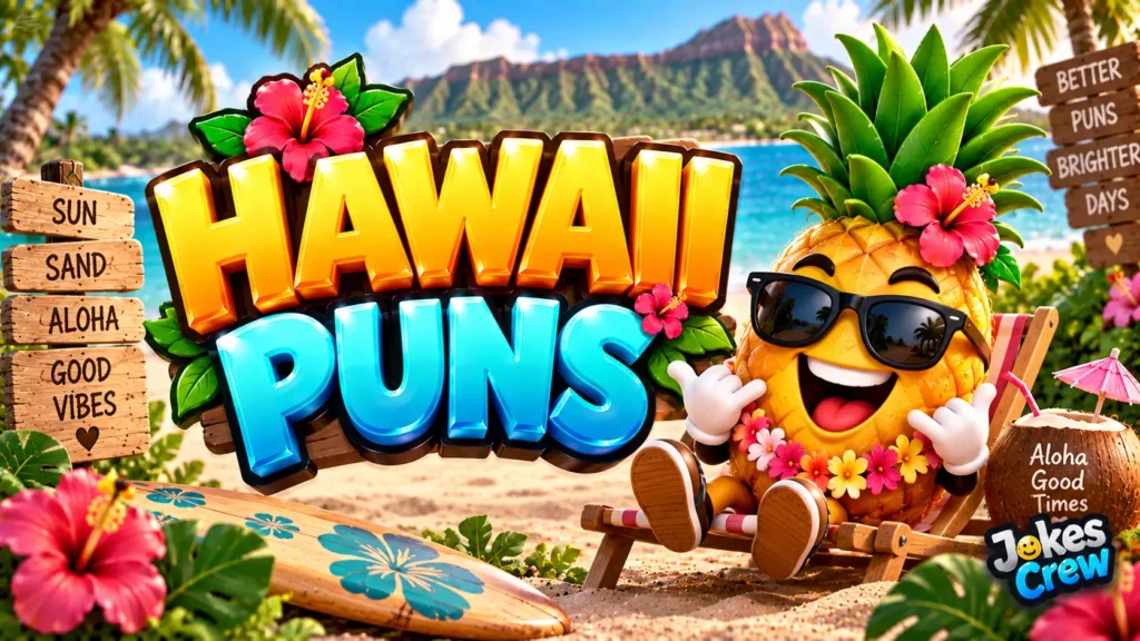 Hawaii Puns thumbnail with glossy 3D lettering, pineapple mascot, tropical beach, palm trees, and flowers