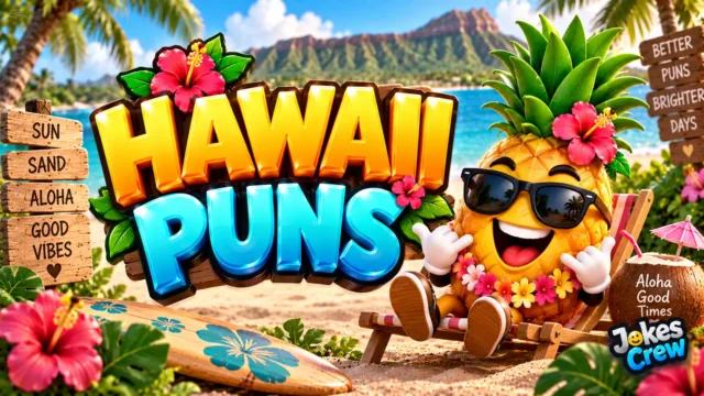 Hawaii Puns thumbnail with glossy 3D lettering, pineapple mascot, tropical beach, palm trees, and flowers