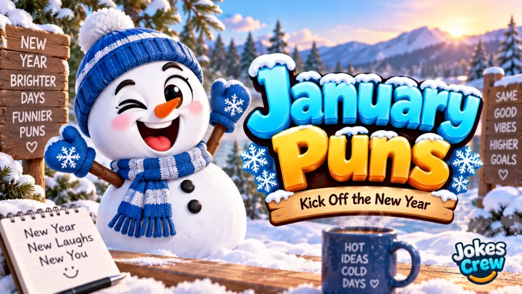 January Puns featured image with a cheerful snowman and bold blue and gold 3D lettering