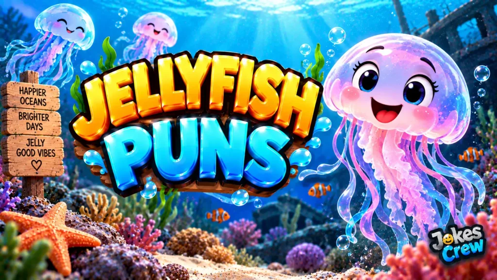 Jellyfish Puns thumbnail with glossy 3D lettering, smiling jellyfish mascot, coral reef, bubbles, and fish