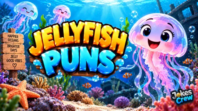 Jellyfish Puns thumbnail with glossy 3D lettering, smiling jellyfish mascot, coral reef, bubbles, and fish