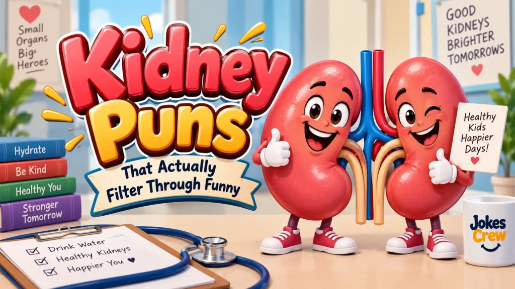 Kidney Puns featured image with cheerful kidney mascots in a colorful clinic