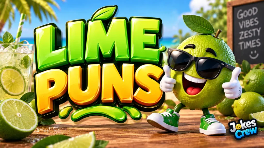 Lime Puns thumbnail with glossy 3D lettering, lime mascot, drink, and tropical background