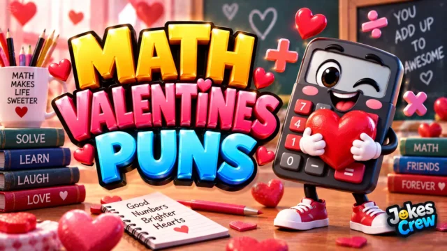 Math Valentines Puns thumbnail with bold 3D lettering, hearts, and a cheerful calculator mascot