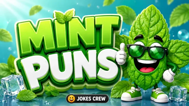 Colorful mint leaf mascot with bold Mint Puns text and a cool green background