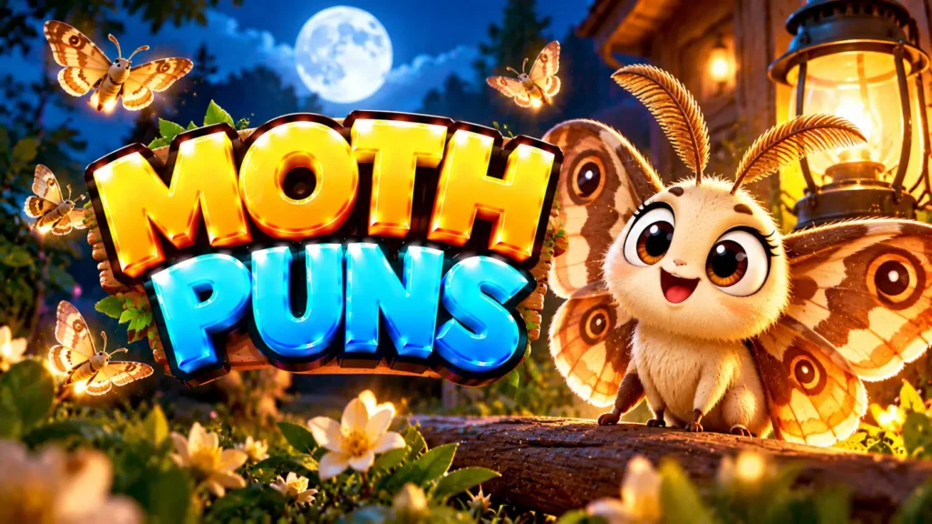 Moth Puns thumbnail with glossy 3D lettering, smiling moth mascot, moonlight, flowers, and glowing lantern