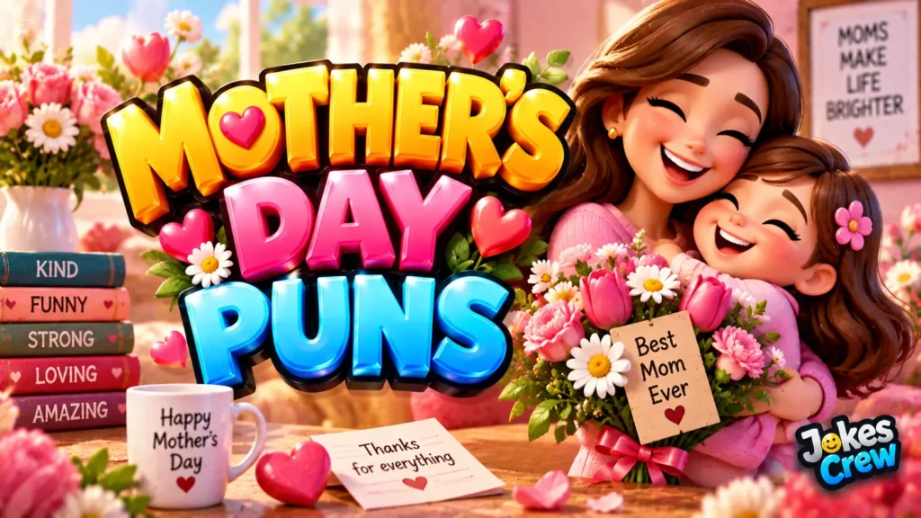 Mother’s Day Puns thumbnail with bold 3D lettering, flowers, hearts, and a joyful mother-daughter hug