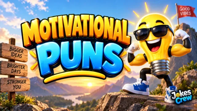 Motivational Puns thumbnail with bold 3D lettering, flexing lightbulb mascot, and sunrise mountain scene