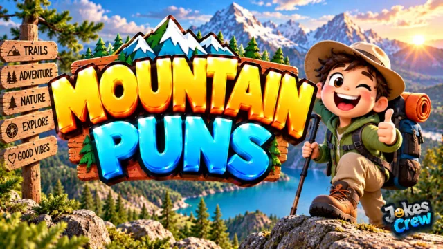 Mountain Puns thumbnail with glossy 3D lettering, hiker mascot, snowy peaks, forest, and mountain lake