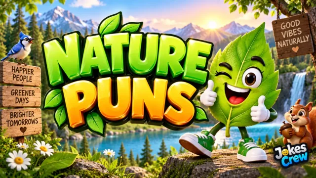 Nature Puns thumbnail with glossy 3D lettering, playful leaf mascot, mountains, lake, and wildlife
