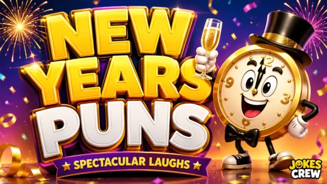 New Years Puns thumbnail with glossy 3D lettering, fireworks, confetti, and a festive clock mascot