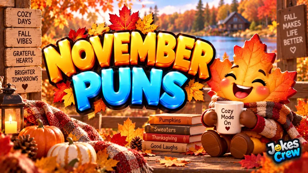 November Puns thumbnail with glossy 3D lettering, autumn leaves, pumpkins, and a cozy maple leaf mascot