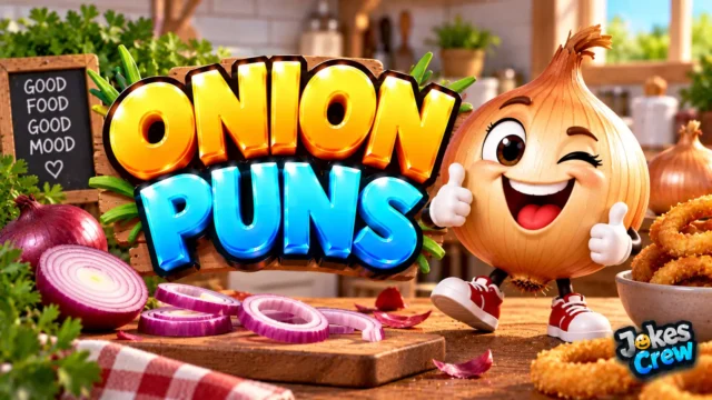 Onion Puns thumbnail with glossy 3D lettering, smiling onion mascot, sliced onions, herbs, and onion rings