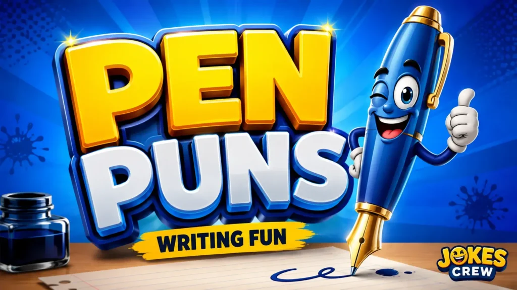 Pen Puns featured image with a cheerful blue pen mascot and bold 3D typography