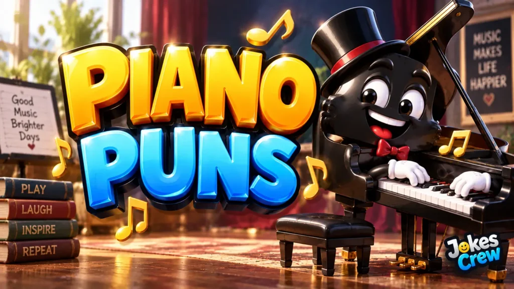 Piano Puns thumbnail with bold 3D lettering, musical notes, and a playful piano mascot on stage