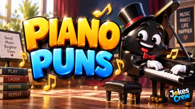 Piano Puns thumbnail with bold 3D lettering, musical notes, and a playful piano mascot on stage