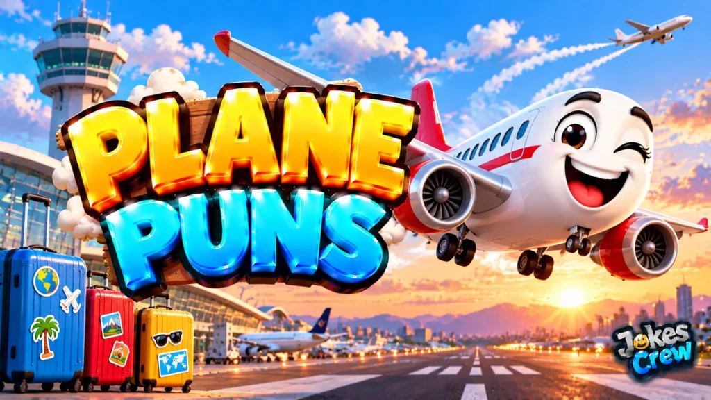 Plane Puns thumbnail with glossy 3D lettering, smiling airplane mascot, luggage, runway, airport, and sunset
