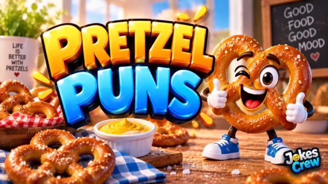 Pretzel Puns thumbnail with glossy 3D lettering, smiling pretzel mascot, and mustard dip