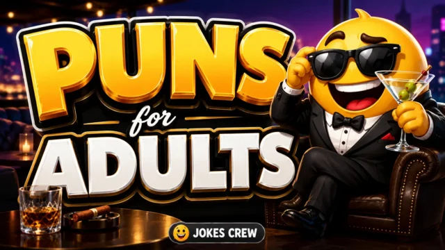 Stylish Puns for Adults thumbnail with a tuxedo mascot and bold 3D lettering