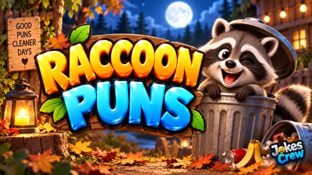 Raccoon Puns thumbnail with glossy 3D lettering, smiling raccoon mascot, moonlit forest, and lantern