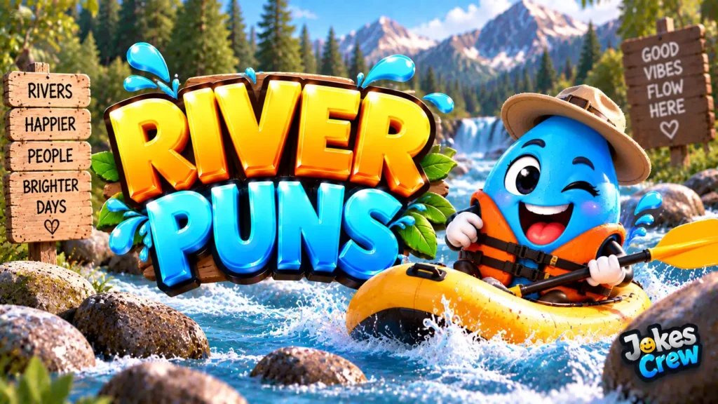 River Puns thumbnail with glossy 3D lettering, playful water-drop mascot, rapids, mountains, and raft