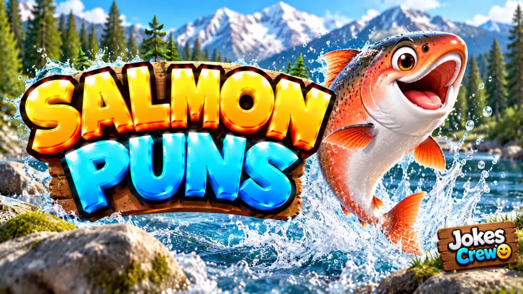 Salmon Puns thumbnail with glossy 3D lettering, leaping salmon, rushing river, and snowy mountains
