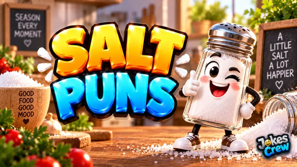 Salt Puns thumbnail with glossy 3D lettering, smiling salt shaker mascot, salt crystals, and kitchen setting