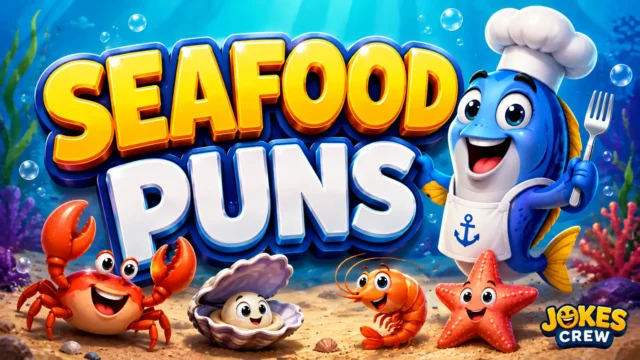 Seafood Puns featured image with a cheerful chef fish and colorful ocean characters