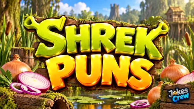 Shrek Puns thumbnail with bold 3D green and gold typography and layered onion-inspired design