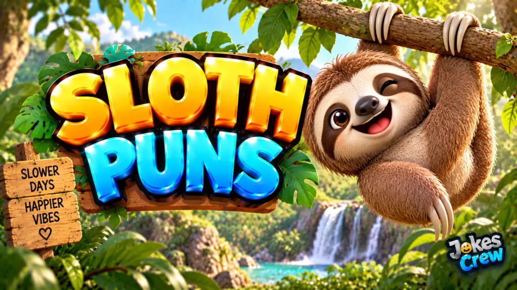 Sloth Puns thumbnail with glossy 3D lettering, smiling sloth mascot, tropical leaves, and waterfall