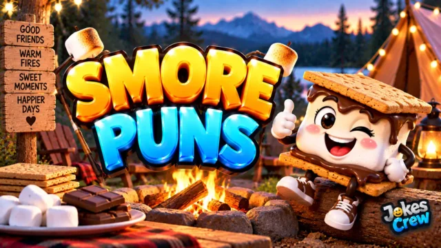 Smore Puns thumbnail with glossy 3D lettering, s’more mascot, campfire, marshmallows, and mountain campsite