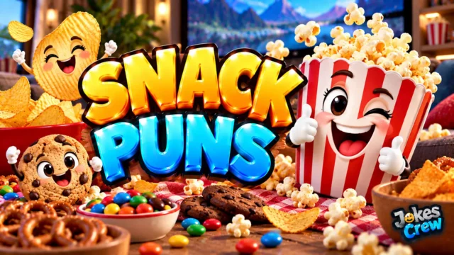 Snack Puns thumbnail with glossy 3D lettering, popcorn mascot, chips, cookies, candy, and pretzels