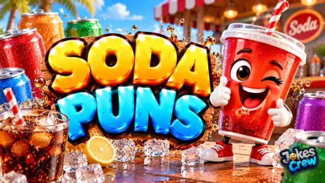 Soda Puns thumbnail with glossy 3D lettering, fizzy soda mascot, colorful cans, ice, and diner setting