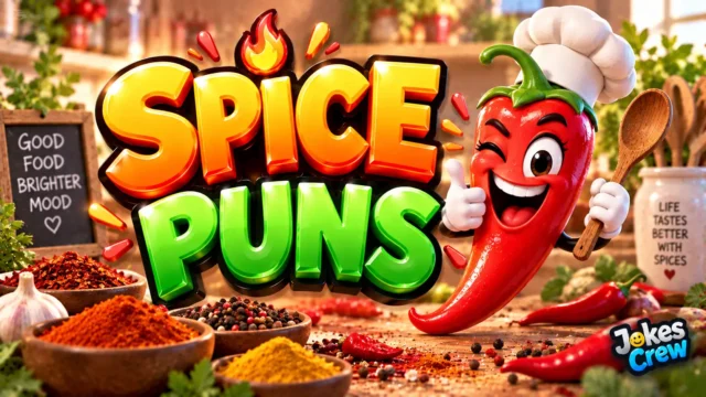 Spice Puns thumbnail with glossy 3D lettering, chili mascot, colorful spices, and kitchen setting