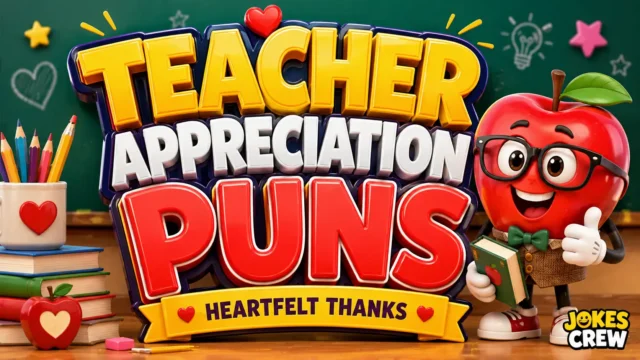 Teacher Appreciation Puns thumbnail with 3D text, a cheerful apple teacher, books, pencils, and hearts
