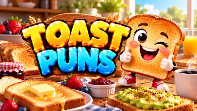 Toast Puns thumbnail with glossy 3D lettering, smiling toast mascot, butter, jam, avocado toast, and breakfast