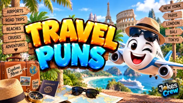 Travel Puns thumbnail with glossy 3D lettering, airplane mascot, suitcase, passport, map, and beach scenery