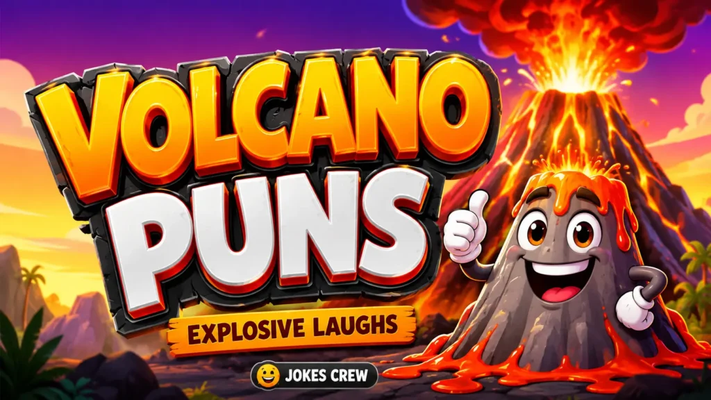 Colorful volcano mascot with bold Volcano Puns text and an erupting volcano background