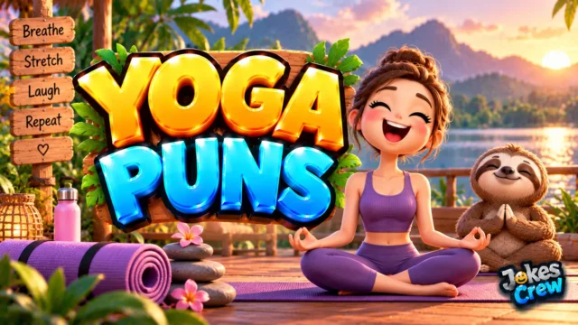 Yoga Puns thumbnail with glossy 3D lettering, yoga pose, sloth mascot, lake, mountains, and tropical scenery