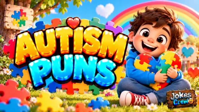 Autism Puns thumbnail with glossy 3D lettering, smiling child holding a colorful puzzle heart, and rainbow scenery