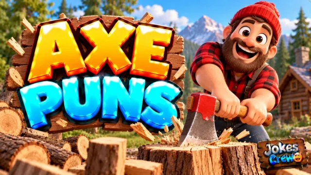Axe Puns thumbnail with glossy 3D lettering, smiling lumberjack mascot, wooden logs, chopping stump, and forest scenery
