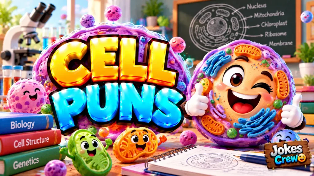 Cell Puns thumbnail with glossy 3D lettering, smiling cell mascot, colorful organelles, microscope, and biology books