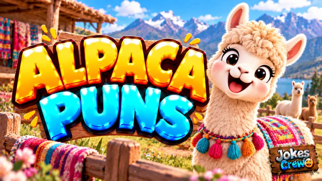 Alpaca Puns thumbnail with glossy 3D lettering, fluffy smiling alpaca, colorful woven textiles, and mountain scenery