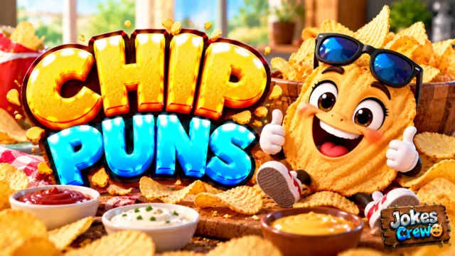 Chip Puns thumbnail with glossy 3D lettering, smiling potato chip mascot, crispy chips, and dipping sauces