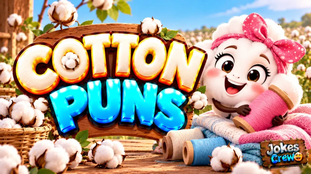 Cotton Puns thumbnail with glossy 3D lettering, smiling cotton mascot, cotton bolls, colorful thread spools, and cozy fabrics